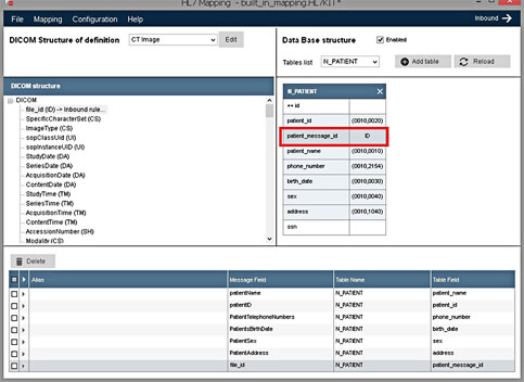 ZiKiT Mapper showing DICOM tag structure for a CT Image mapped to database fields, with an editable field alias table