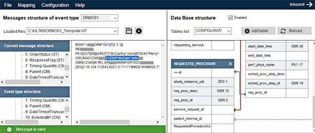 ZiKiT Mapper showing an ORM^O01 HL7 order message structure mapped to database table fields, with a live message preview and validation status